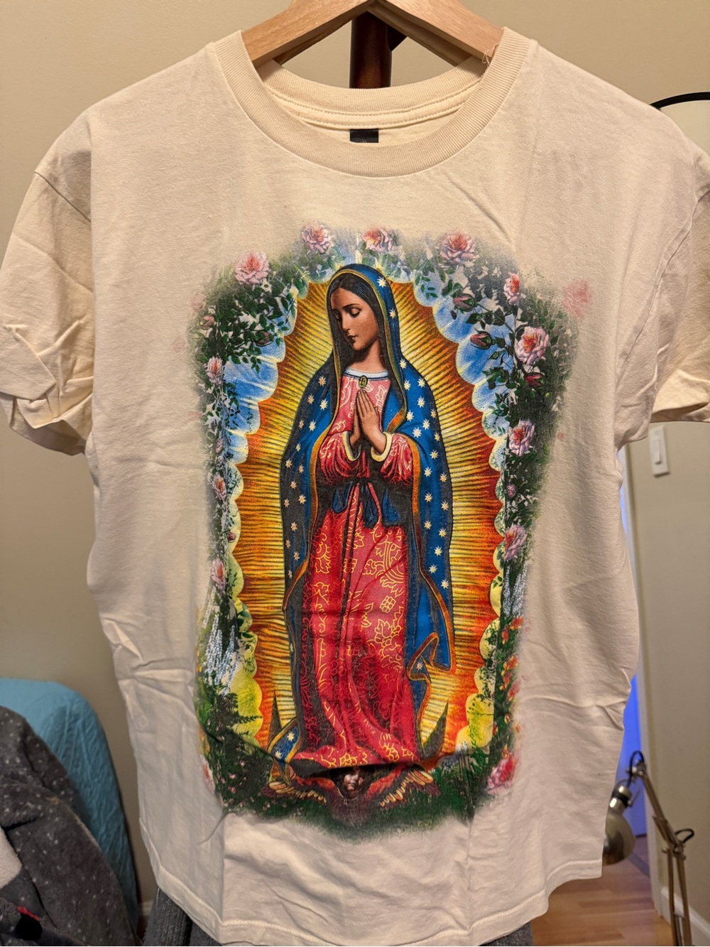 Classic Womens Cream Graphic Tee with Blue & Red Religious Motif